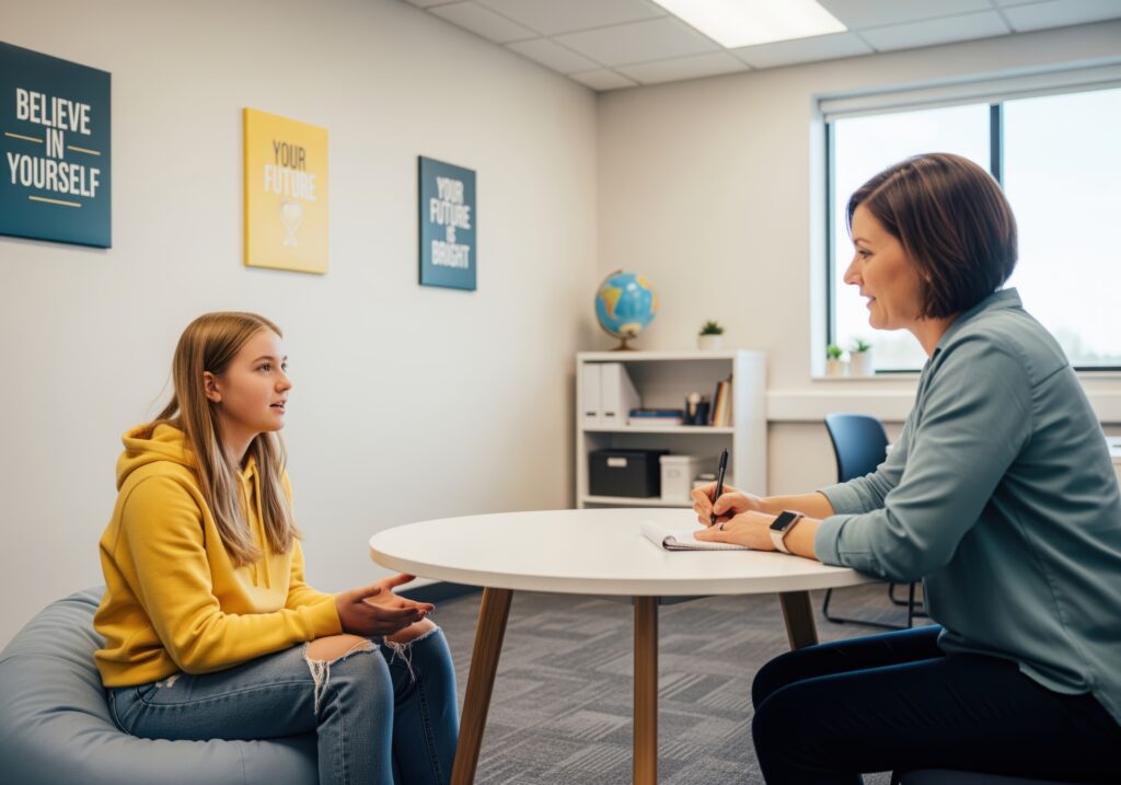 Teenage student discusses future with school counselor in a bright office